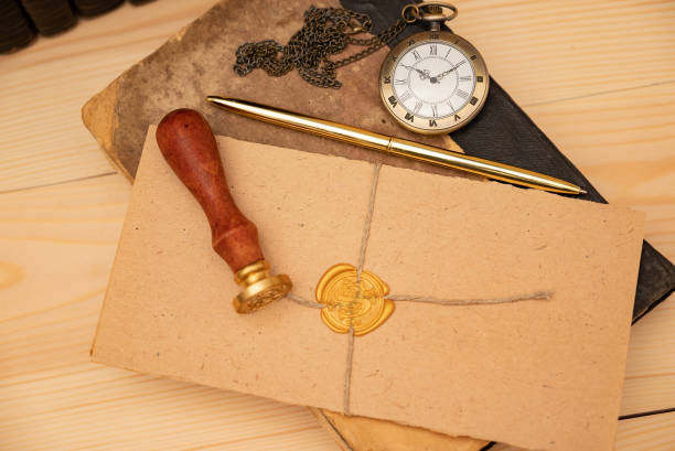 istock Vintage stamp, envelope and testament. Notary public tools 1388188697