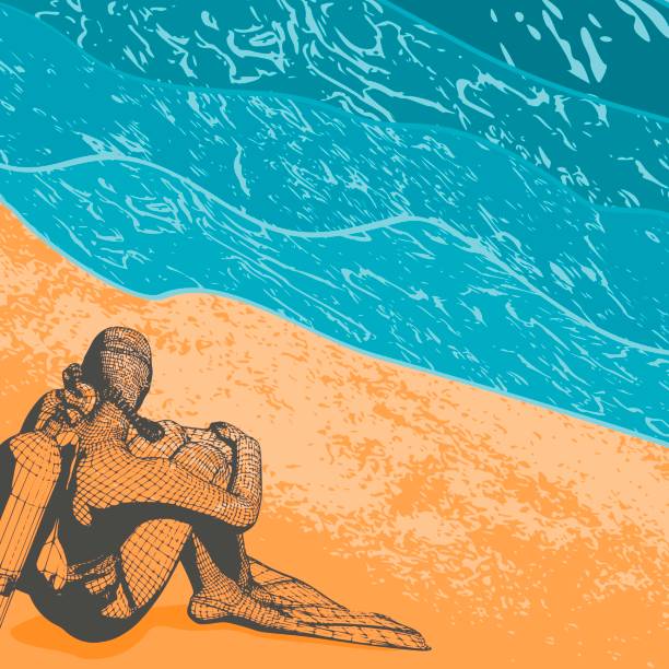 istock Monochrome silhouette of scuba diver who sits on the seashore. Mesh grid texture 1388188765