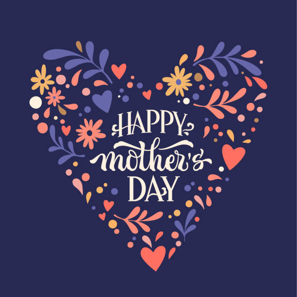 Greeting card with heart for Mother Day celebration Vector illustration of creative postcard with heart and inscription Happy Mothers Day on dark blue background mothers day stock illustrations