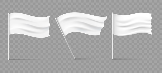 Waving wind white flag. Realistic blank flags isolated on transparent background, fabric ensign on flagpole vector mockups, flying pennant on stick templates