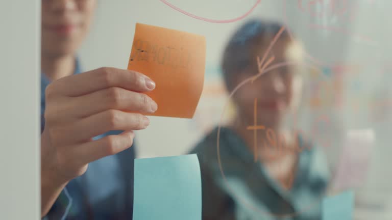 Close up of Group of Asian businesswomen in smart casual wear using tablet and writing on colorful sticky notes develop business project in creative office.
