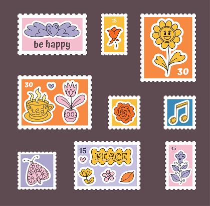 Set of trendy hand-drawn post stamps. Hippie, groovy style. Variety of modern vector isolated post stamp designs. Floral post stamps. Mail and post office conceptual drawing. Positive retro decoration