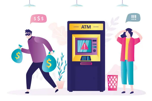 Vector illustration of Criminal robbed ATM terminal. Masked thief with money bags. Illegal actions concept. Funny thief escapes after steal cash machine. Shocked bank customer looks at the robbery.