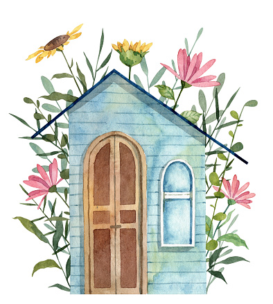 watercolor hand painted house facade
