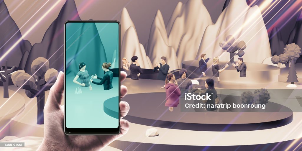 Avatars in Metaverse Party and online meetings via VR glasses and smartphones in the world of Metaverse and the sandbox 3D illustrations Metaverse Stock Photo