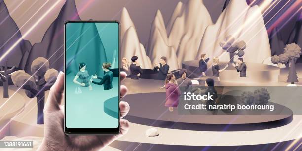 Avatars In Metaverse Party And Online Meetings Via Vr Glasses And Smartphones In The World Of Metaverse And The Sandbox 3d Illustrations Stock Photo - Download Image Now