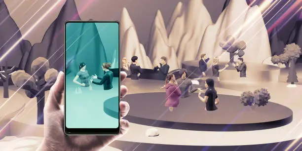 Avatars in Metaverse Party and online meetings via VR glasses and smartphones in the world of Metaverse and the sandbox 3D illustrations