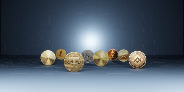 Bitcoin Cryptocurrency Coins Futuristic Skyline Background Technology Backdrop Modern Abstract 3D Illustration