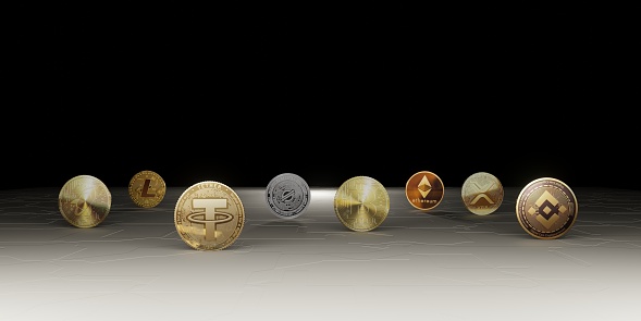 Bitcoin Cryptocurrency Coins Futuristic Skyline Background Technology Backdrop Modern Abstract 3D Illustration