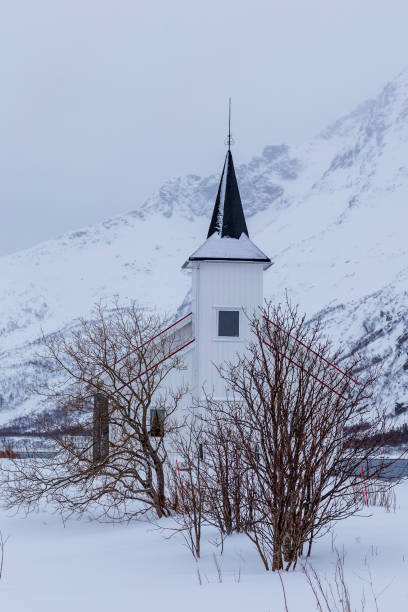 alte kirche unter schnee in sildpollnes. vesteralen inseln in norwegen. - birch tree tree downy birch white stock-fotos und bilder