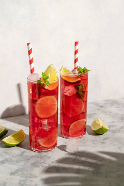 red fruit, lemonade with fresh mint and lemon slices. sun light and palm leaves shadows. summer drinks - cocktail drinking straw ice glass imagens e fotografias de stock