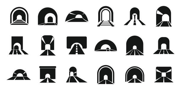 Tunnel icons set simple vector. Rail track Tunnel icons set simple vector. Rail track. Metro arch tunnel stock illustrations