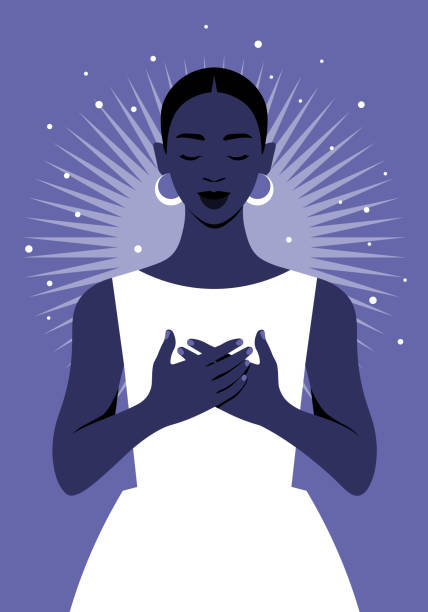 африканская женщина с руками на груди. благодарный жест - human head black women dress stock illustrations
