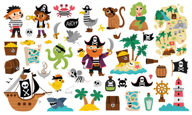 векторный пиратский набор. милая коллекция икон морских приключений. иллюстрации острова сокровищ с кораблем, капитаном, моряками, сундуко - mer people stock illustrations