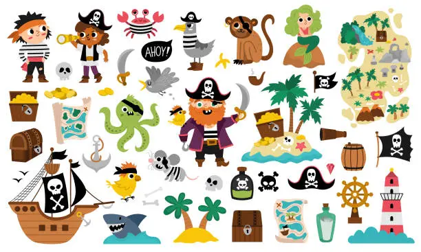 Vector illustration of Vector pirate set. Cute sea adventures icons collection. Treasure island illustrations with ship, captain, sailors, chest, map, parrot, monkey, map. Funny pirate party elements for kids.