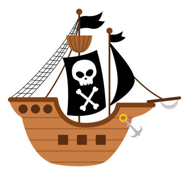 istock Vector pirate ship icon. Cute sea vessel illustration. Treasure island hunter boat with black sails, scull and crossed bones. Funny pirate party element for kids isolated on white background. 1388193238
