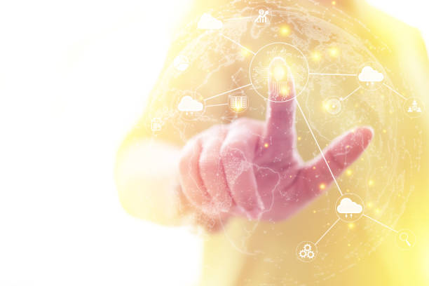 istock Woman hand touching on the virtual screen for fingerprint scanning provides security access with biometrics identification, Innovation, Internet Cyber security concept, Finger scan print login. 1388198476