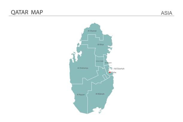 ilustrações, clipart, desenhos animados e ícones de ilustração vetorial do mapa do catar em fundo branco. o mapa tem toda a província e marca a capital do catar. - qatar