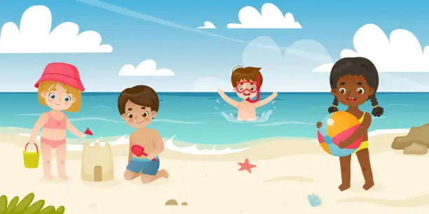 Vector illustration of Children playing on the sea coast. Summertime panorama with kids resting on the beach.