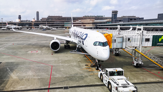 April 7, 2019 - Tokyo, Japan:  Finnair Airplane parked at the Narita International Airport, Chiba, Japan. It is the second busiest airport in Japan.