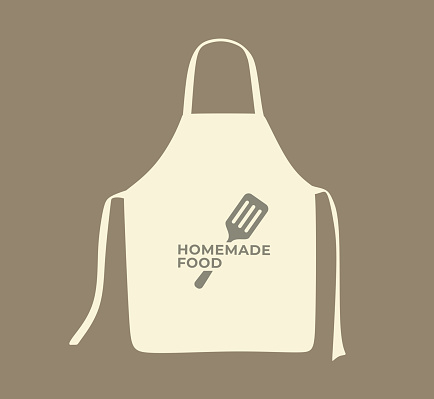 Kitchen apron. Сooking kitchen chef apron with ties drawstring and print logo. Home cooking. Homemade meals. Kitchenware. Cook in kitchen. Color flat vector isolated illustration.