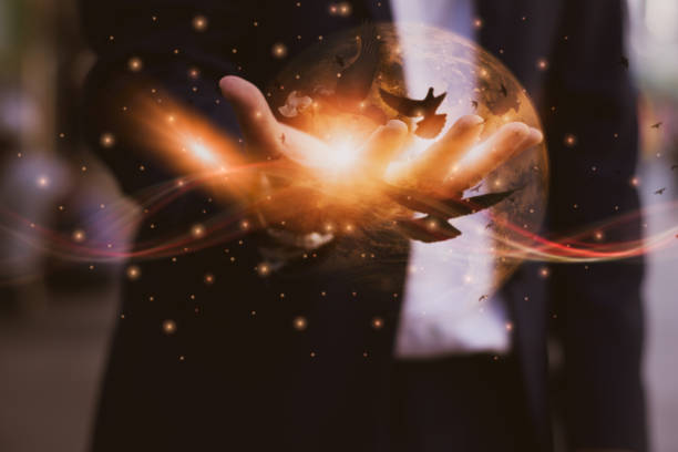 Businessman contemplation and raise hands touching world, praying free bird for God's blessings, mind sanctification concept pure spirit, spirituality forever, Glittering light and line soul to hope hombre de negocios contemplación y levanta las manos tocando el mundo, orando pájaro libre por las bendiciones de dios, concepto de santificación mental espíritu puro, espiritualidad para siempre, luz brillante y alma alineada a la esperanza