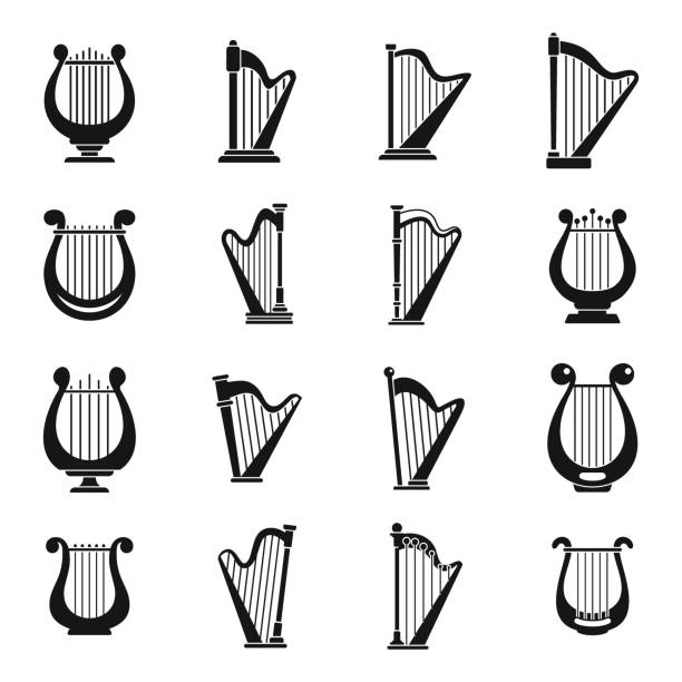 ilustraciones, imágenes clip art, dibujos animados e iconos de stock de conjunto de iconos de música de arpa, estilo simple - lyre