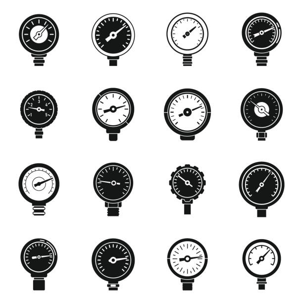 ilustraciones, imágenes clip art, dibujos animados e iconos de stock de los iconos del manómetro de presión establecen un vector simple. medidor - pressure gauge gauge physical pressure pipeline