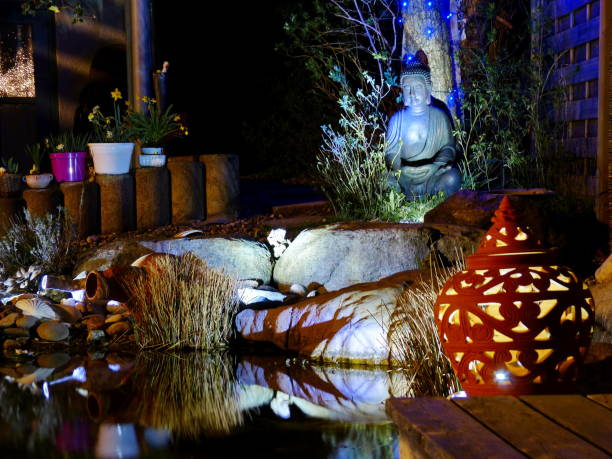 istock Around the pond. Meditating sitting Buddha by night. Bavaria, Germany. 1388204299