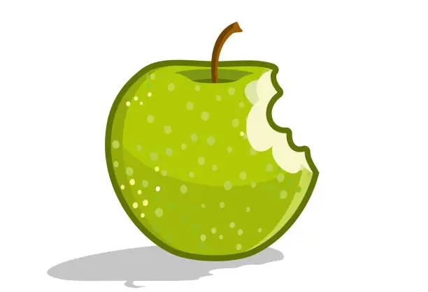 Vector illustration of A bitten green vector apple. Juicy fruit isolated on white background.