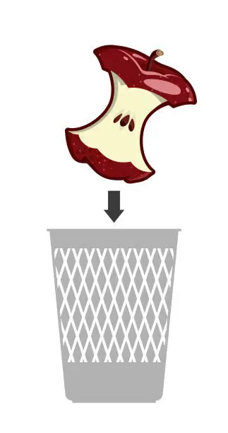 Vector illustration of Red apple core flies into the trash can. The half-eaten apple is thrown into the trash. Throw out waste. Vector isolated on a white background.