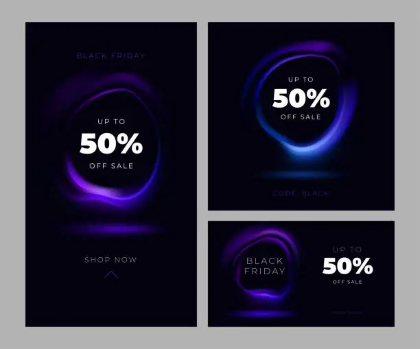 Vector illustration of Black Friday sale illustration with neon glowing wave and copy space. 50 percent off. Fluorescent round frame. Vector template for banner, website, store, discount, shop, business, promo, app.