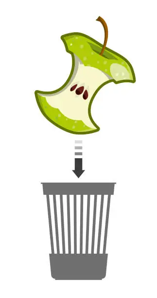 Vector illustration of Green apple core flies into the trash can. The half-eaten apple is thrown into the trash. Throw out waste. Vector isolated on a white background.