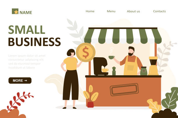 Girl buys coffee at street kiosk. Barista gives order to buyer. Concept of cafe, small business Girl buys coffee at street kiosk. Barista gives order to buyer. Concept of cafe, small business. Worker makes takeaway cappuccino using coffee machine. Landing page template. Flat vector illustration small business stock illustrations