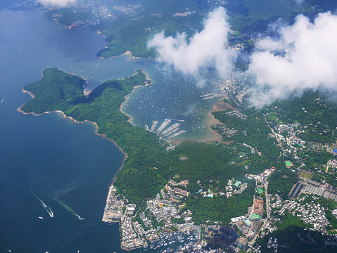 Aerial view of beautiful landscape Victoria Bay Hong Kong island from above