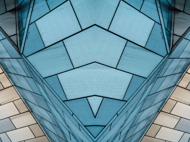 underside panoramic and perspective view to steel blue glass high rise building skyscrapers, business concept of successful industrial architecture