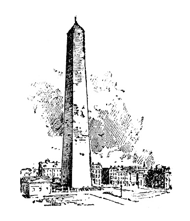 Antique illustration of USA, Massachusetts landmarks and companies: Charlestown, Bunker Hill Monument