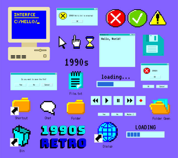 Cartoon Color Nineties Retro Computer Sticker Old Interface Set. Vector vector art illustration