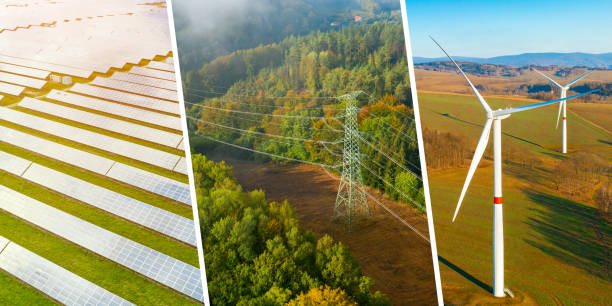 istock Renewable green energy collage with solar panel, windmill and pylon. 1388208911