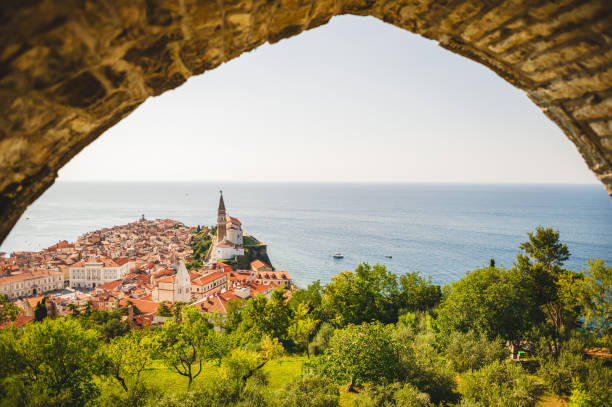 View of the old town of Piran. Slovenian Adriatic coast - Istria stock photo