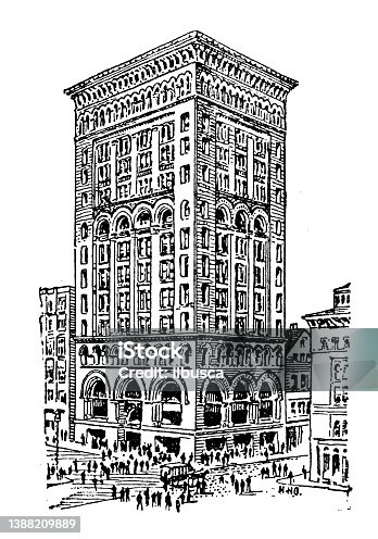 istock Antique illustration of USA, Massachusetts landmarks and companies: Boston, Ames Building 1388209889