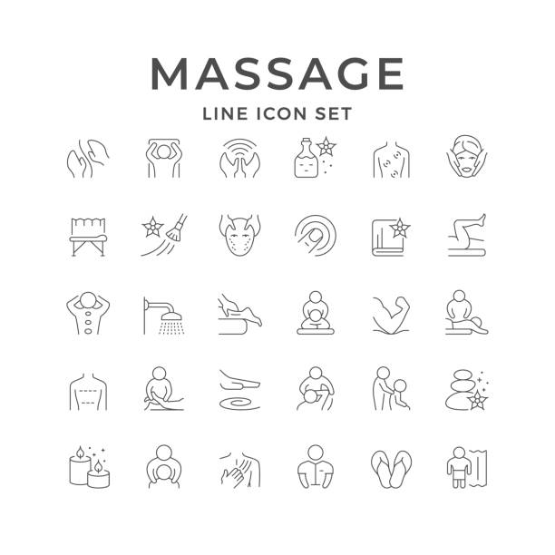 ilustrações de stock, clip art, desenhos animados e ícones de set line icons of massage - massaging human hand massage therapist vector