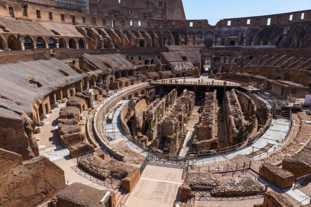 Interior of the Colosseum in Rome Rome, Italy - August 29, 2020: The Colosseum interior, ancient Flavian Amphitheatre, stadium and gladiators arena. inside the colosseum stock pictures, royalty-free photos & images