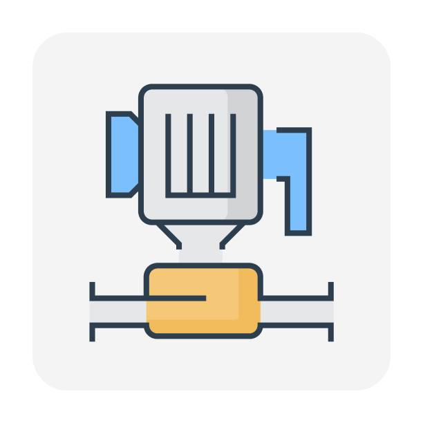 ilustraciones, imágenes clip art, dibujos animados e iconos de stock de diseño de icono vectorial de bomba de agua para control, distribución y suministro de agua, petróleo y gas en el sistema de tuberías. - sewage treatment plant wastewater water pump valve