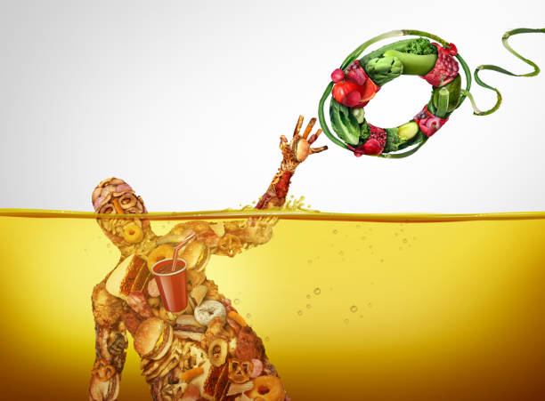 Healthy Diet Rescue Healthy diet rescue and risky eating habits as a human body made of junk food drowning in oil as a nutrition and cholesterol problem with a vegetable lifesaver life preserver with 3D illustration elements. excess fat stock pictures, royalty-free photos & images