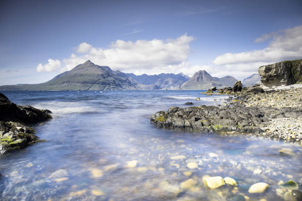 Summer's day at Elgol on the Isel of Skye Long exposure photograph of a summer's day at Elgol on the Isel of Skye elgol beach stock pictures, royalty-free photos & images