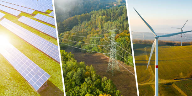 istock Renewable green energy collage with solar panel, windmill and pylon. 1388212246
