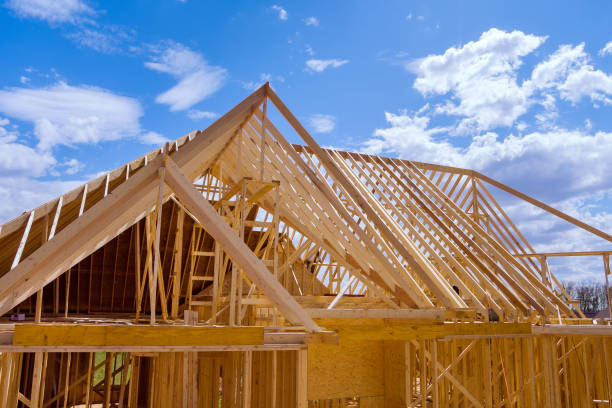 istock Framing beam of new house under construction top view 1388212375