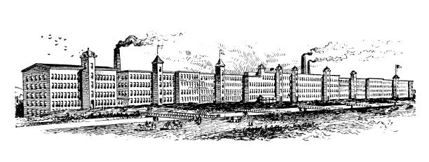 illustrazioni stock, clip art, cartoni animati e icone di tendenza di illustrazione antica di monumenti e aziende usa, massachusetts: chicopee, dwight cotton mills - chicopee