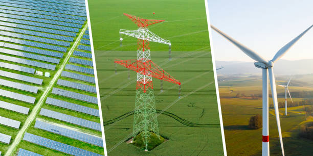 istock Renewable green energy collage with solar panel, windmill and pylon. 1388213151